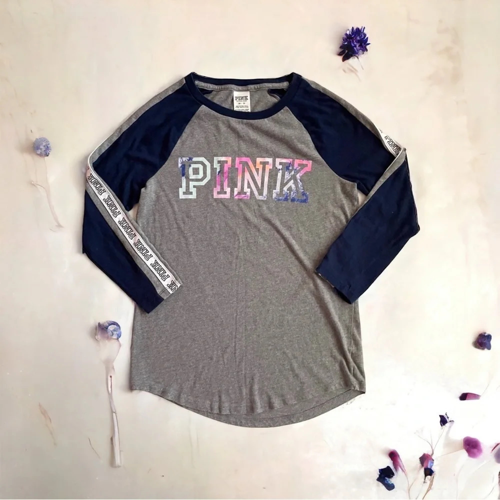 PINK Victoria’s Cotton 3/4 Sleeve Campus Baseball Varsity Gray Navy Blue Shirt